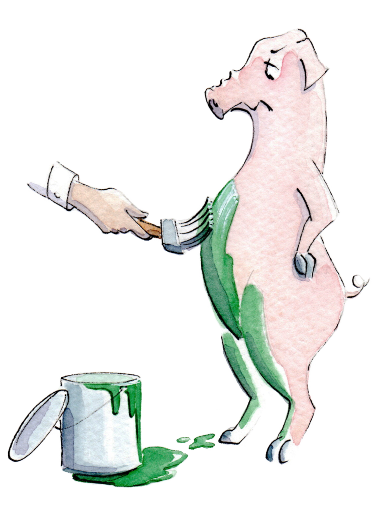 A watercolor illustration of a pig being painted green by a disembodied hand.