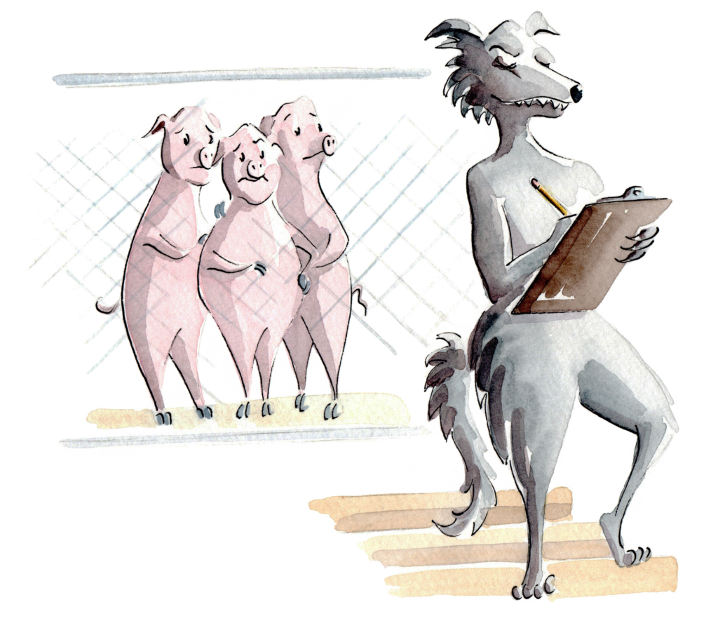 A watercolor illustration of a wolf taking notes on a clipboard. In the background are three pigs behind a chain link fence.