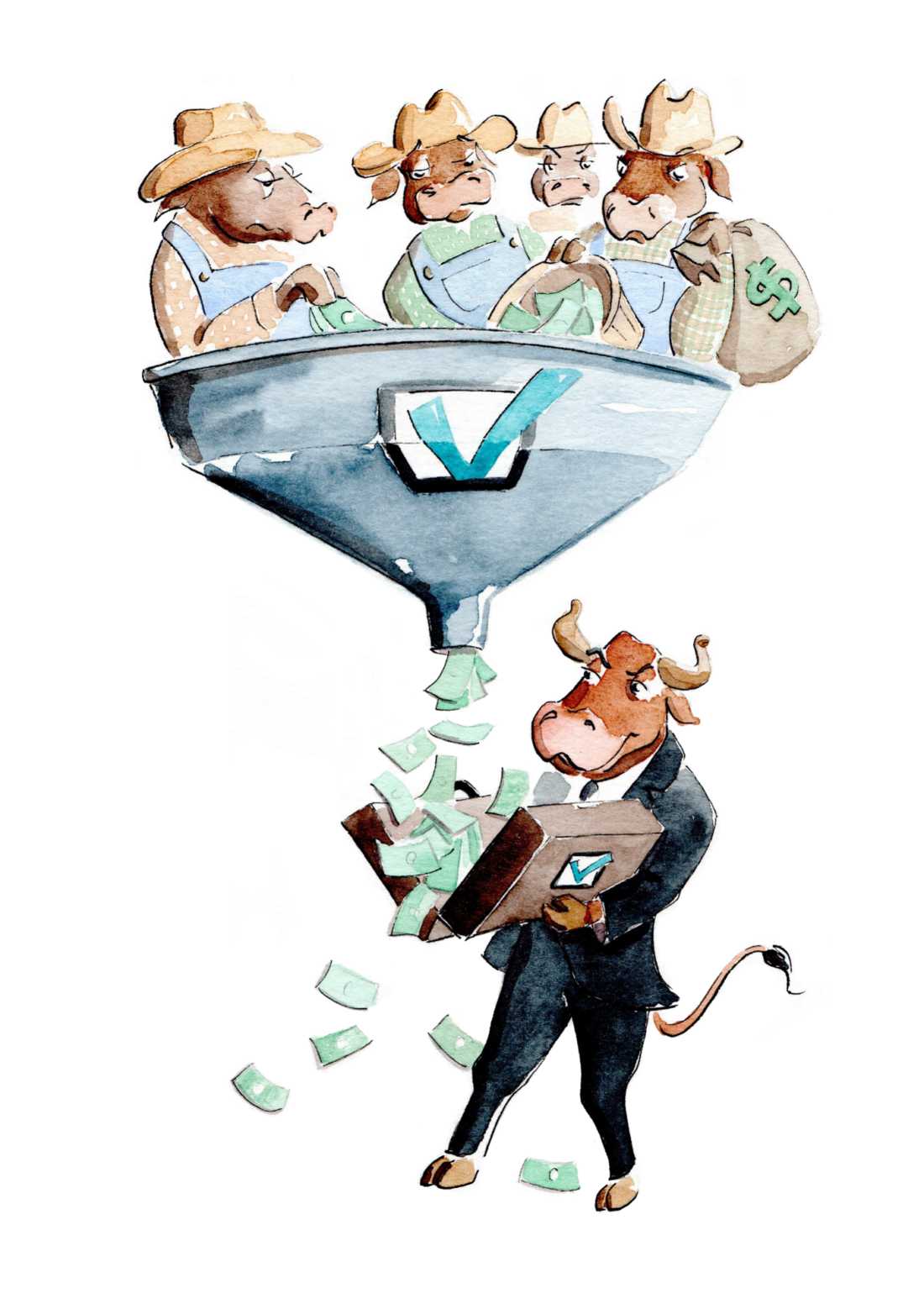 An Illustration of cows in a funnel and money coming out of the bottom