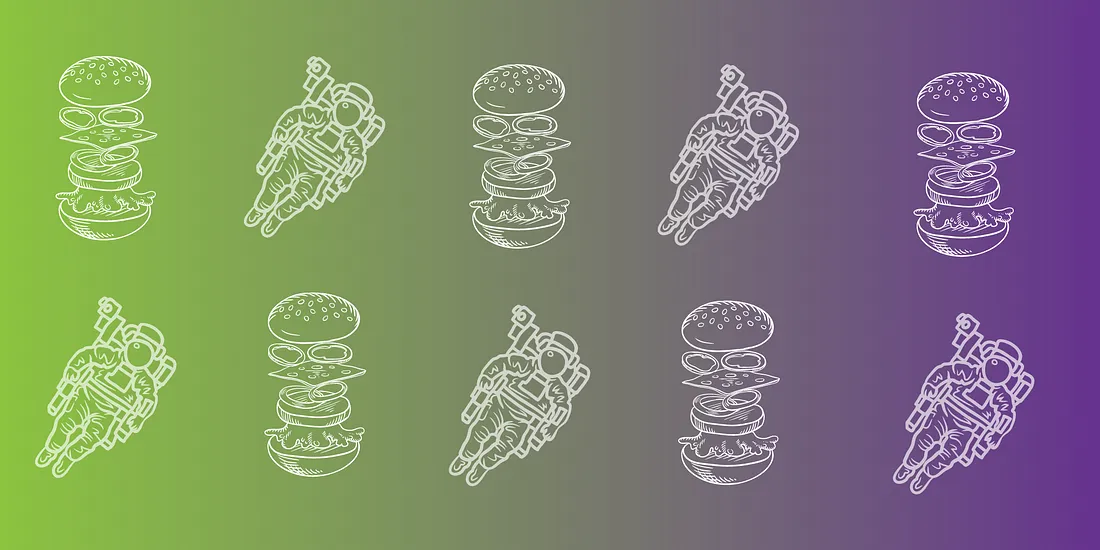 Illustration of an alternating pattern of sketched hamburgers and astronauts 