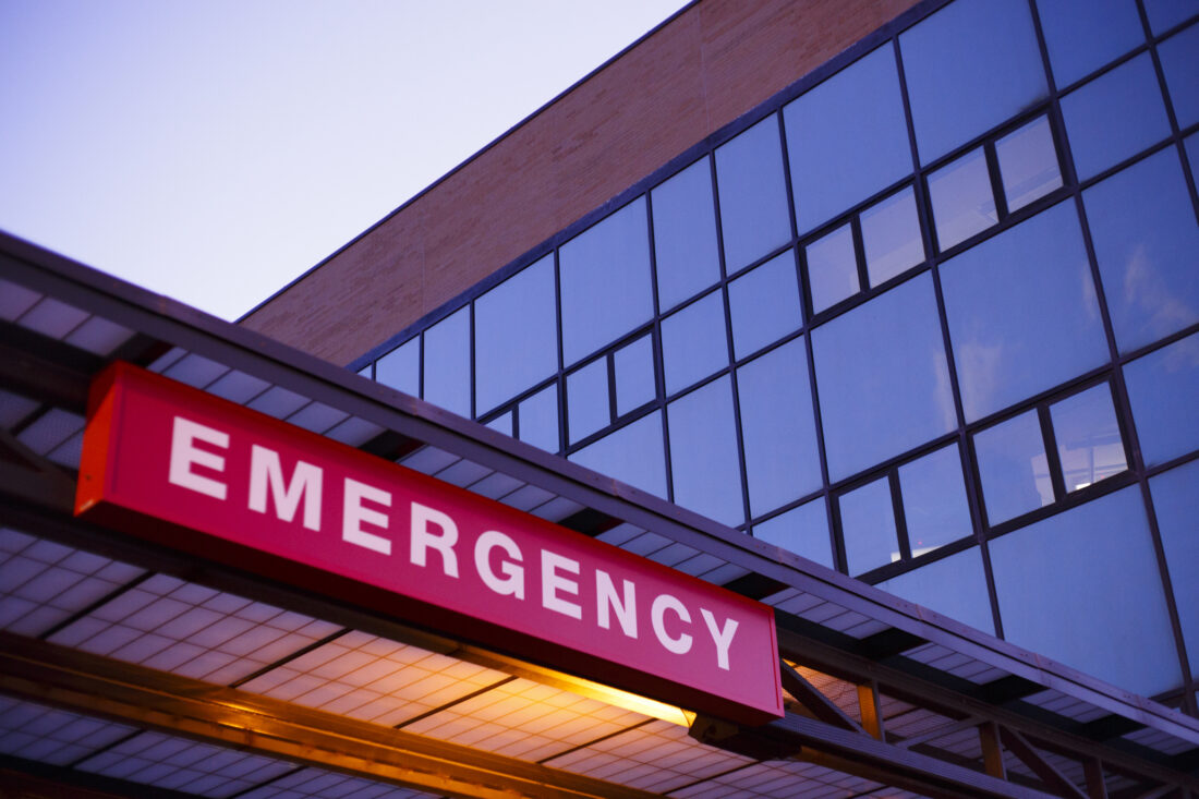 Exterior of hospital with Emergency department sign