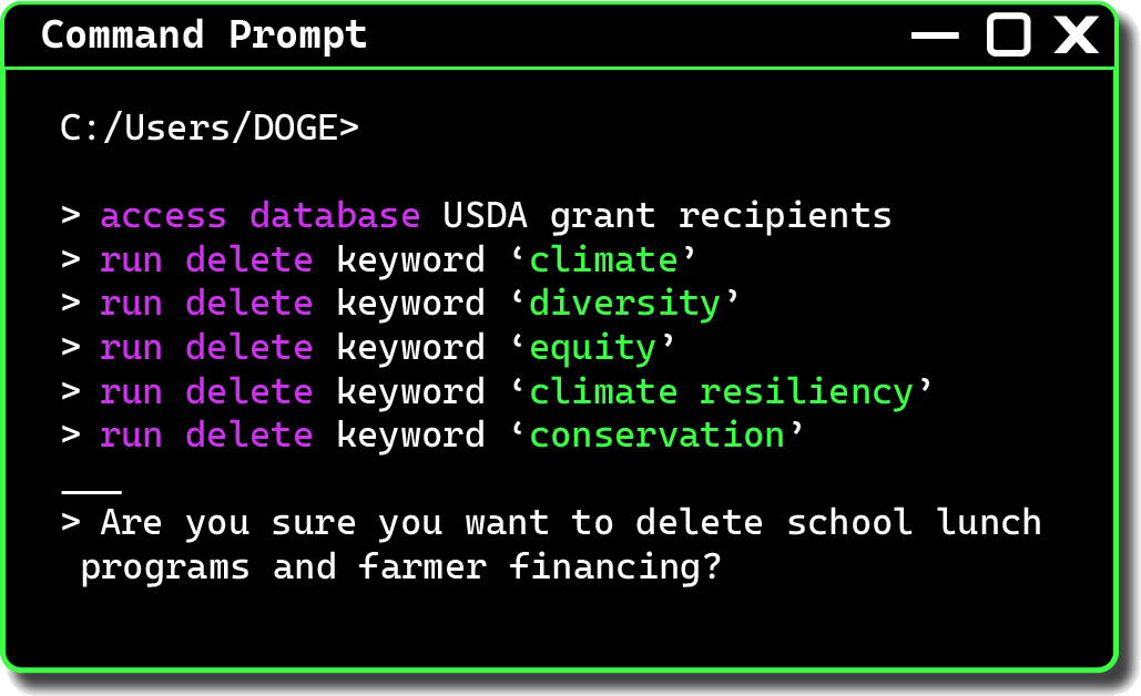 An illustration showing the carelessness with which the Trump Administration put USDA grants on the chopping block. An illustration showing the carelessness with which the Trump Administration put USDA grants on the chopping block.