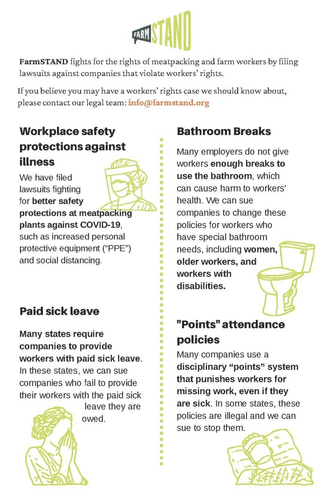 FarmSTAND branded flyer detailing how FarmSTAND fights for workplace safety protections, bathroom breaks, paid sick leave, and against "points" attendance policies.