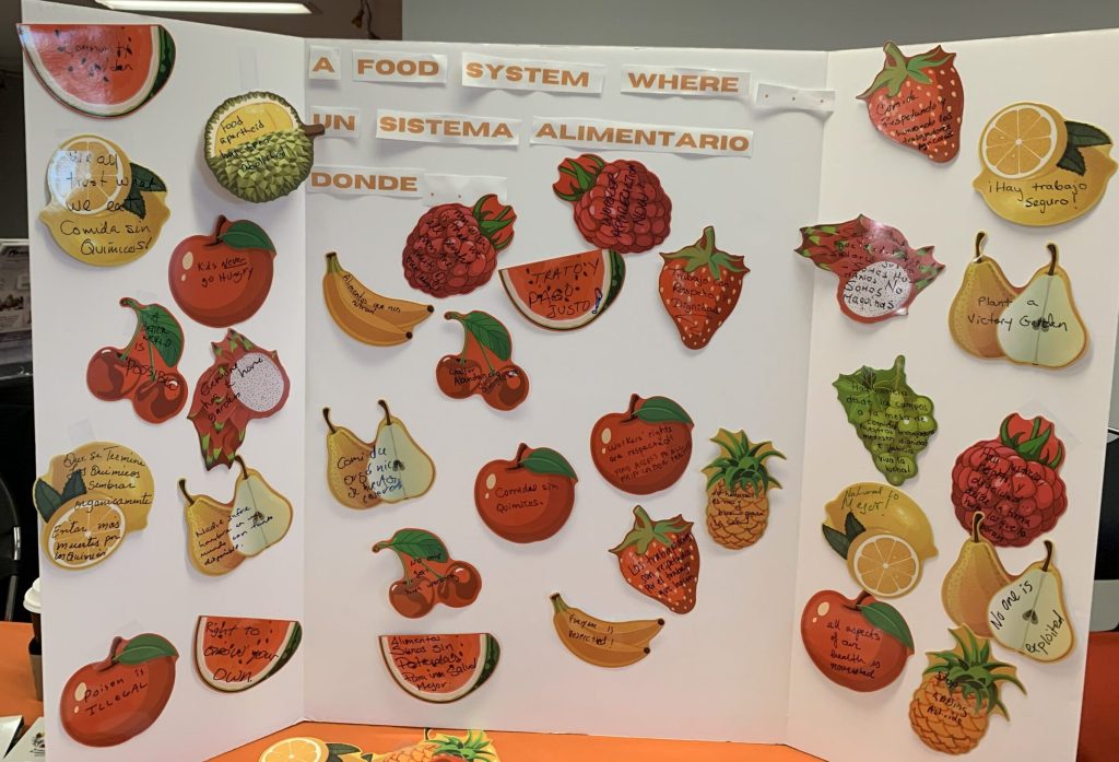 A trifold poster board with the header "A food system where... Un sistema alimentario donde..."On the poster board, conference attendees wrote short messages of what they'd like to see in a food system in English and Spanish on colorful fruit cutouts, which they attached to the board. For example "No one is exploited" is written on a pear, and "trabajo con respeto y dignidad"