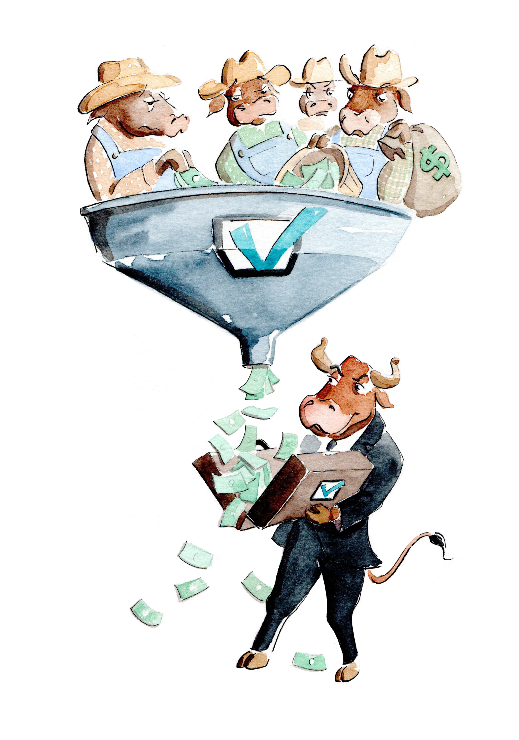 Water color style illustration of four cattle, dressed like ranchers, pouring bags of cash into a large funnel. At the base of the funnel, a bull dressed in a business suit catches the money in a briefcase