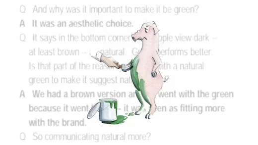 Illustration of a pink pig standing on its hind legs, while a hand holding a paintbrush brushes green paint on the pig's front. The image of the pig is overlaid on text from a deposition transcript.