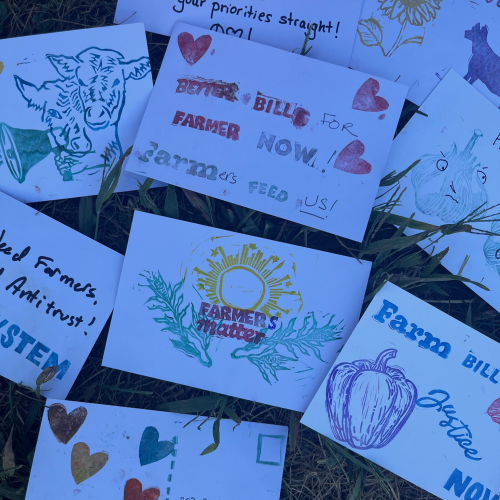 Custom post cards with phrases like "Farmers Matter" and "Better Bill for Farmers Now" on a grass background