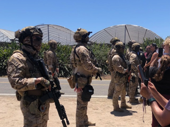 Armed federal agents in camouflage uniforms carrying assault rifles face off against protestors during an immigration raid on a farm.