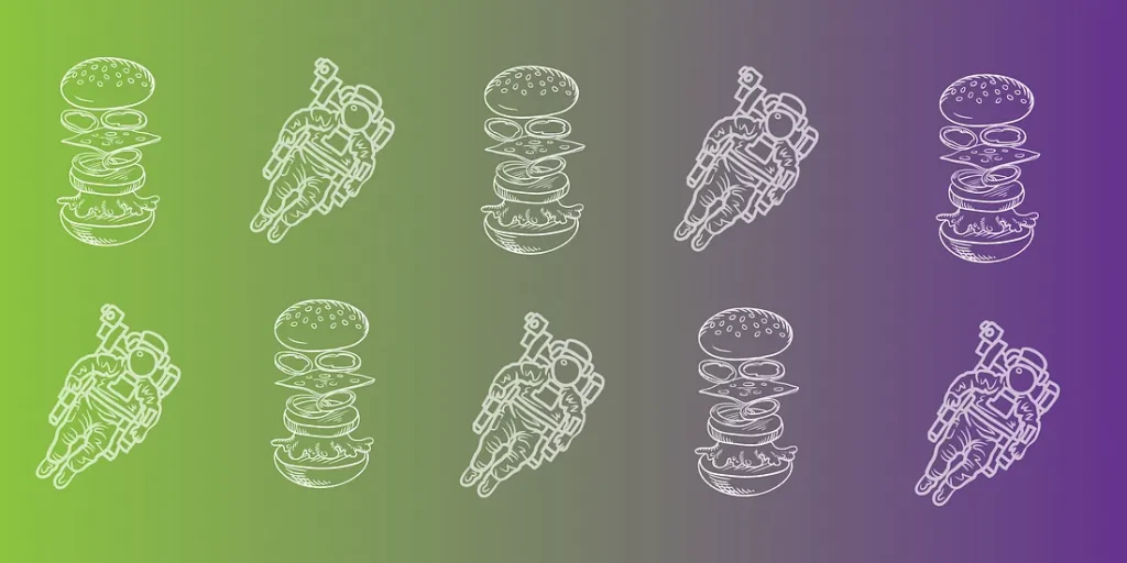 Illustration of an alternating pattern of sketched hamburgers and astronauts