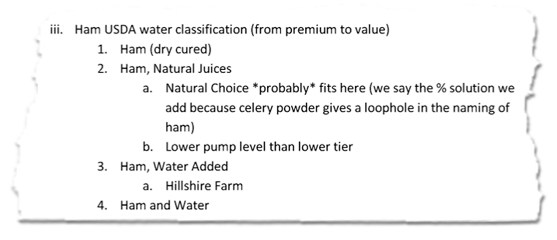 Un extracto de un documento interno que segmenta las variedades de jamón según su procesamiento. Enumera "Clasificación del agua del jamón del USDA, de primera a económica: jamón (curado en seco), jamón (jugos naturales) -- la opción natural *probablemente* encaja aquí (decimos la solución al % que agregamos porque el polvo de apio ofrece un vacío legal en la denominación del jamón), nivel de bombeo inferior al nivel inferior -- jamón, agua agregada (hillshire farm), jamón y agua"."